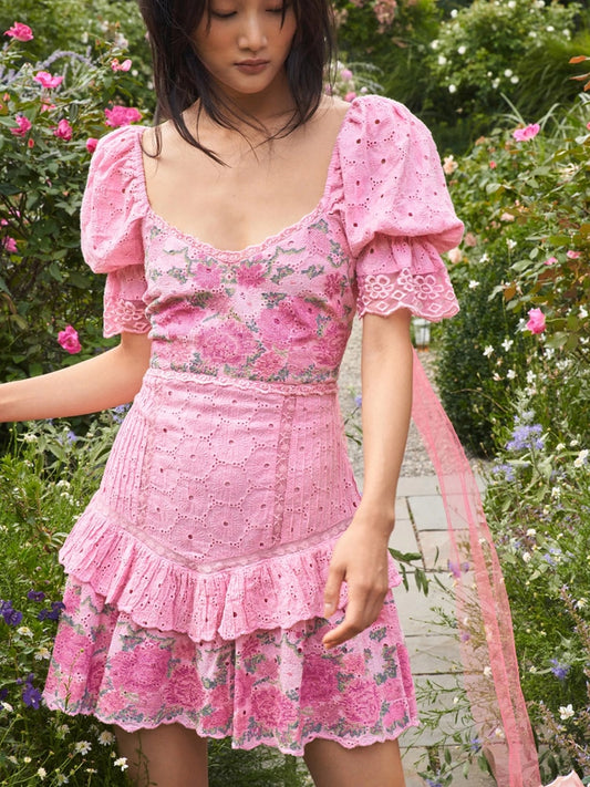 Hollow Out Embroidery Pink Patchwork Ruffled Mini Dress