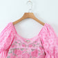 Hollow Out Embroidery Pink Patchwork Ruffled Mini Dress