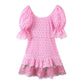 Hollow Out Embroidery Pink Patchwork Ruffled Mini Dress