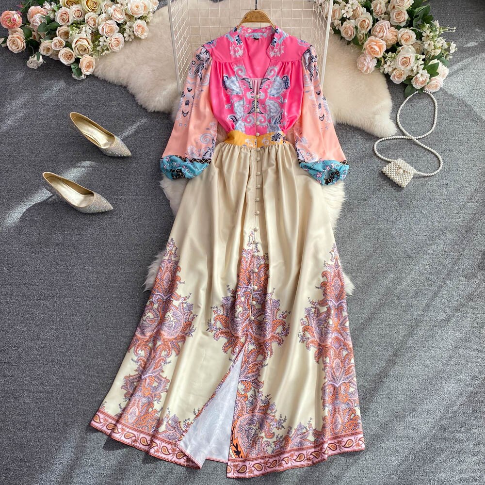 Vintage Print Palace Women Long Sleeve Ladies Party Long Dress