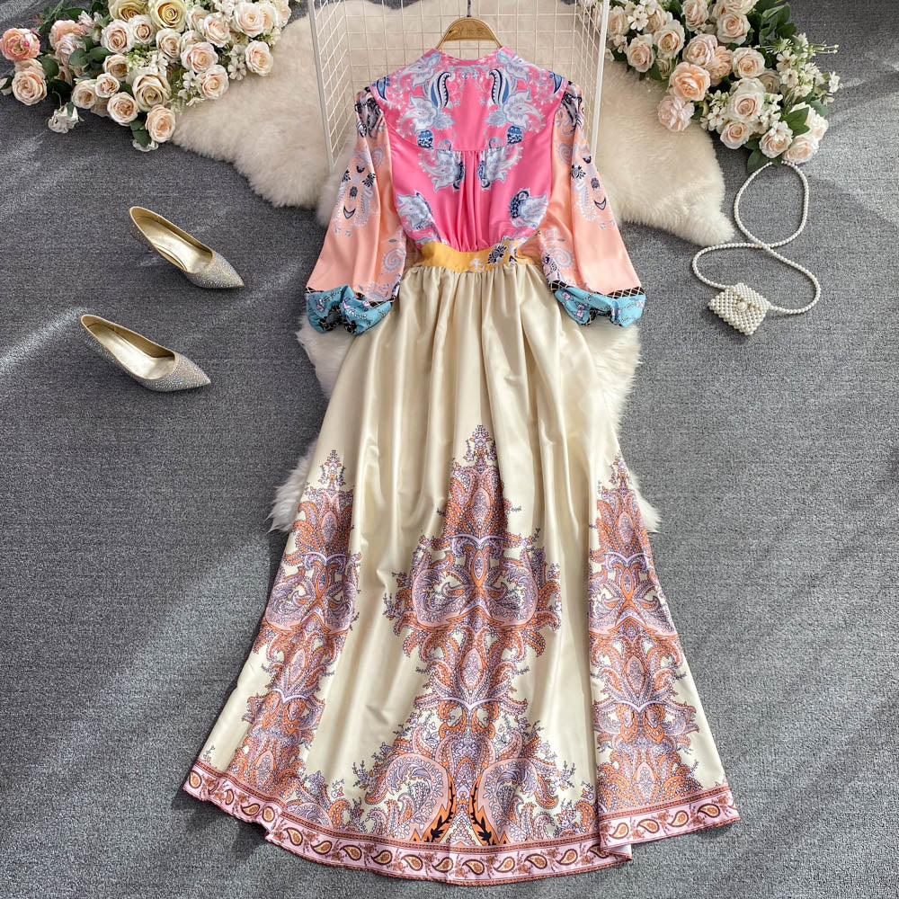 Vintage Print Palace Women Long Sleeve Ladies Party Long Dress