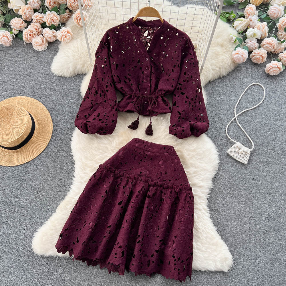 Lantern Sleeve Hollow Out Blouse and Skirts Women Sets