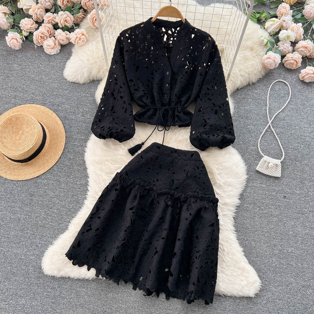 Lantern Sleeve Hollow Out Blouse and Skirts Women Sets