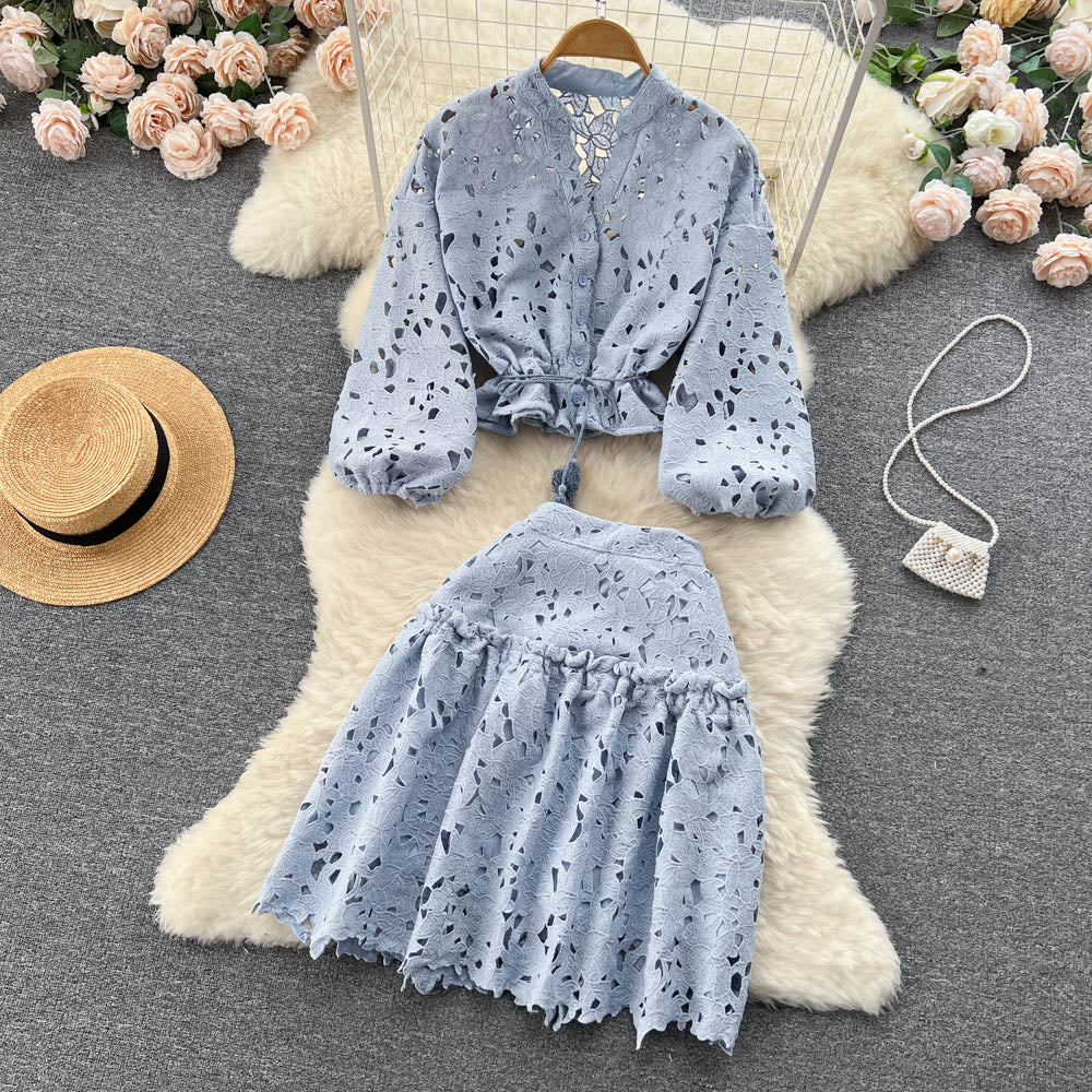 Lantern Sleeve Hollow Out Blouse and Skirts Women Sets