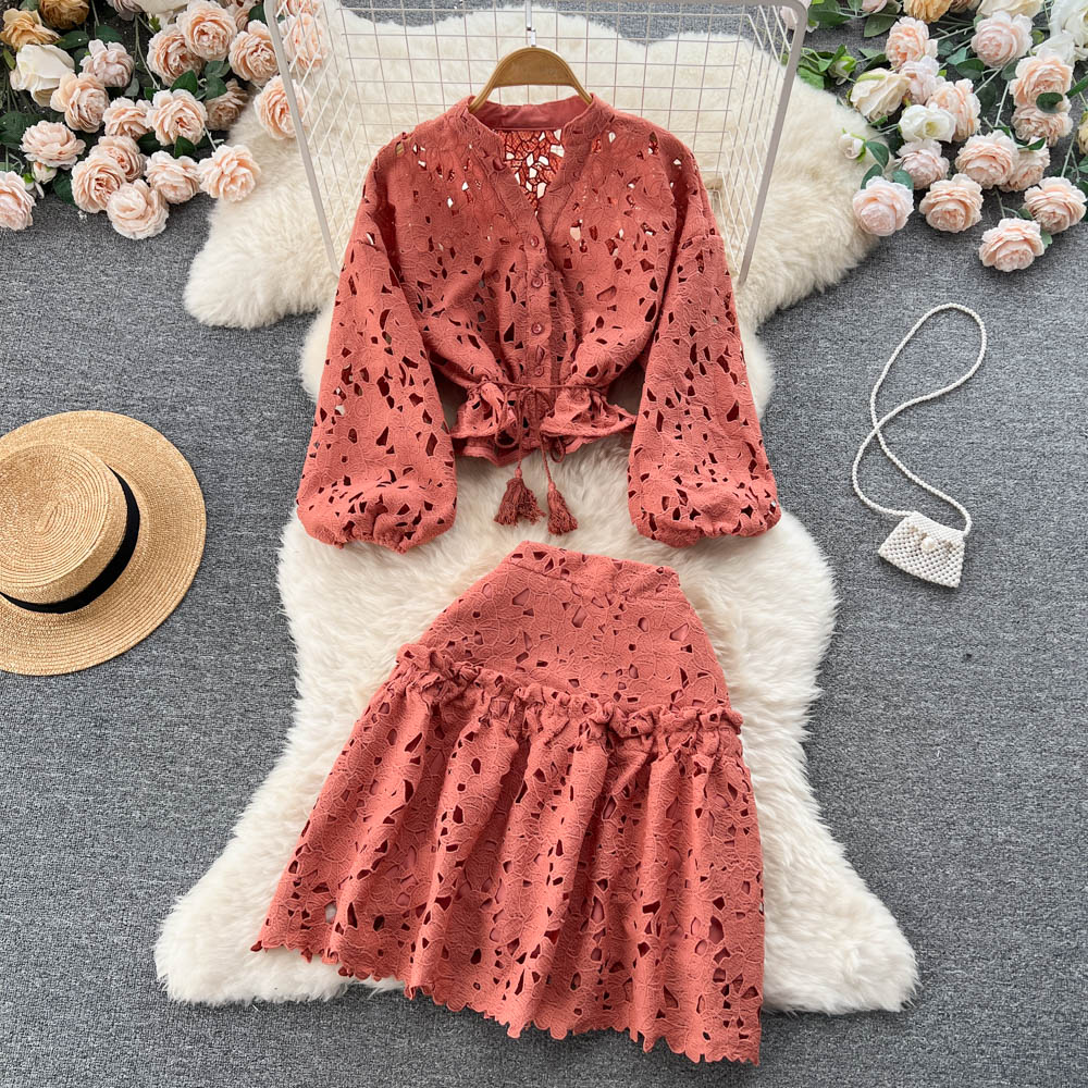 Lantern Sleeve Hollow Out Blouse and Skirts Women Sets