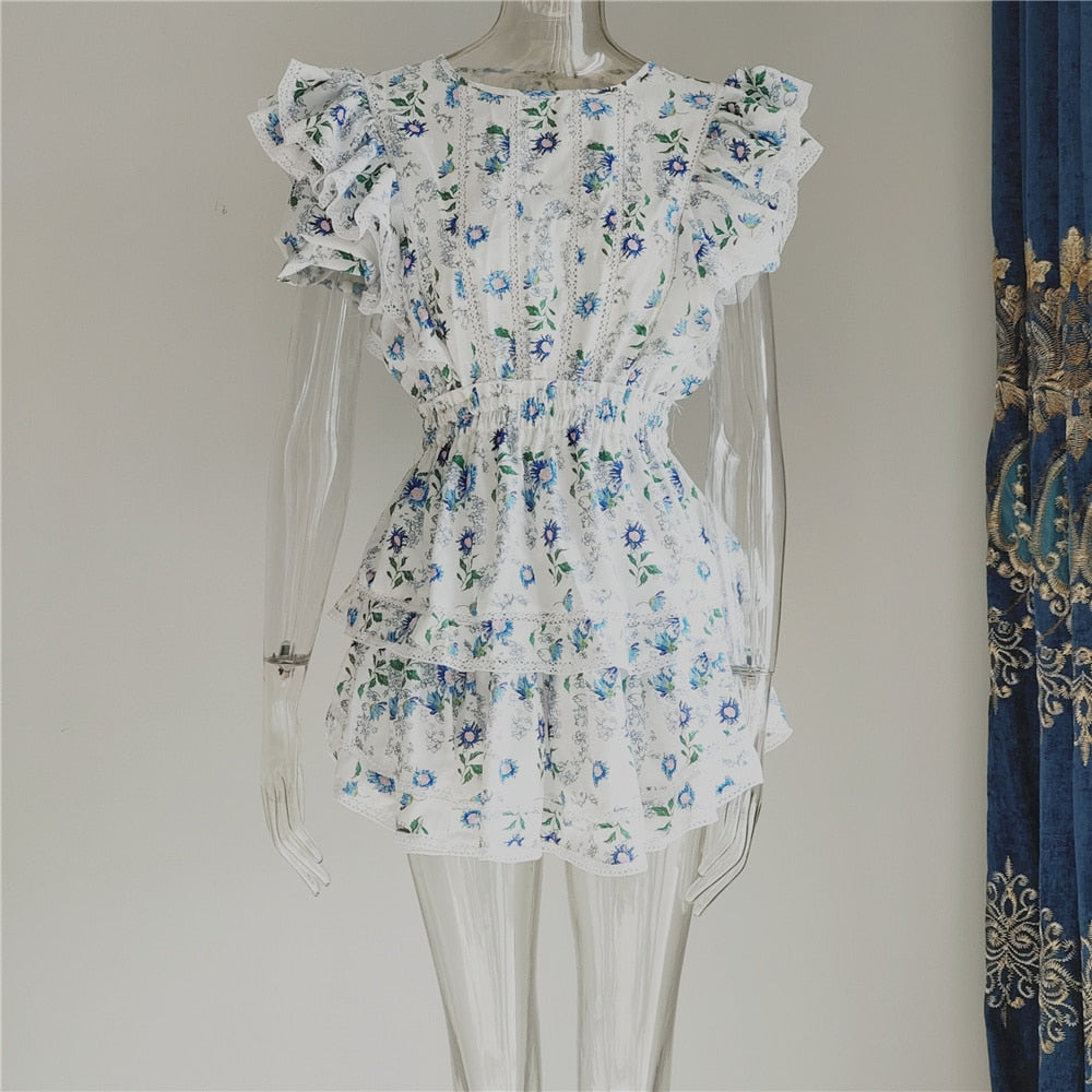Blue Print Ruffled Short Sleeve Natasha Mini Dress