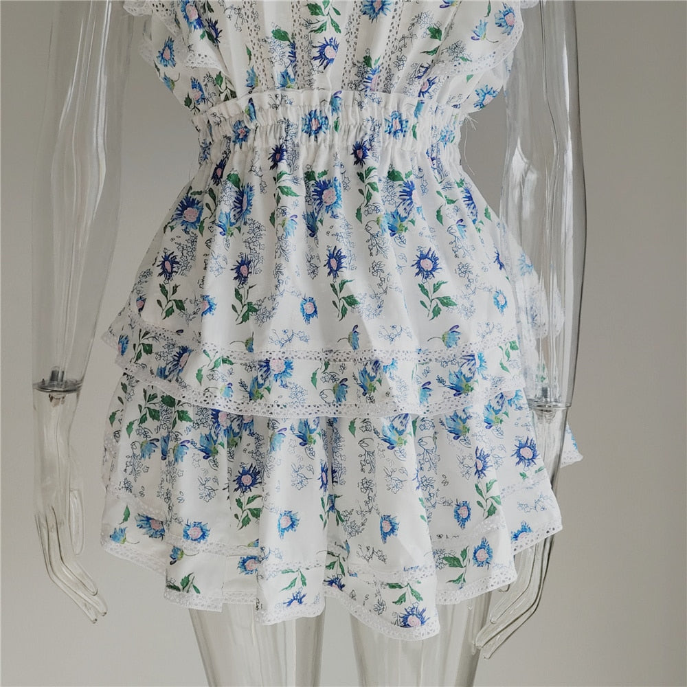 Blue Print Ruffled Short Sleeve Natasha Mini Dress