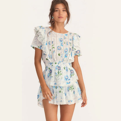 Blue Print Ruffled Short Sleeve Natasha Mini Dress