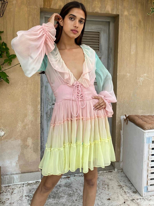 Long Sleeve V-neck Colorful Ruffled A-line Mini Dress