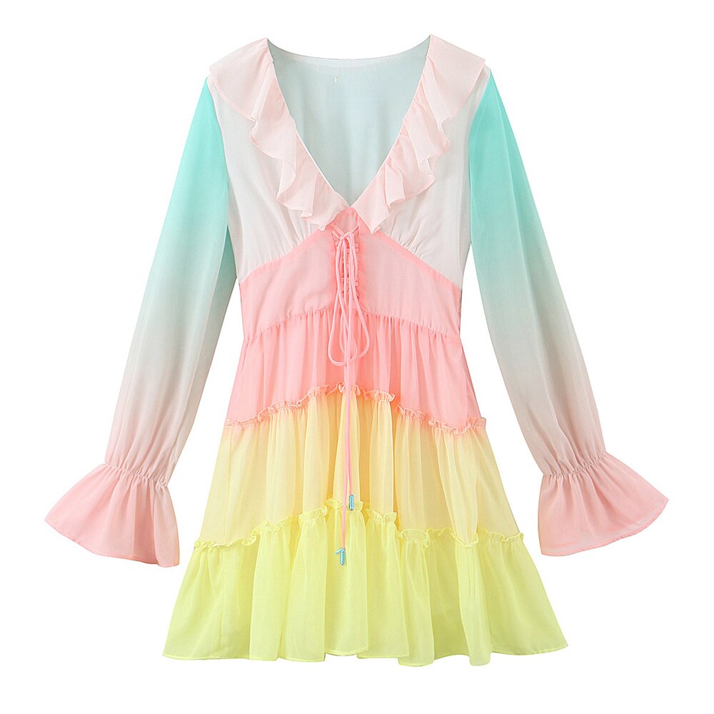 Long Sleeve V-neck Colorful Ruffled A-line Mini Dress