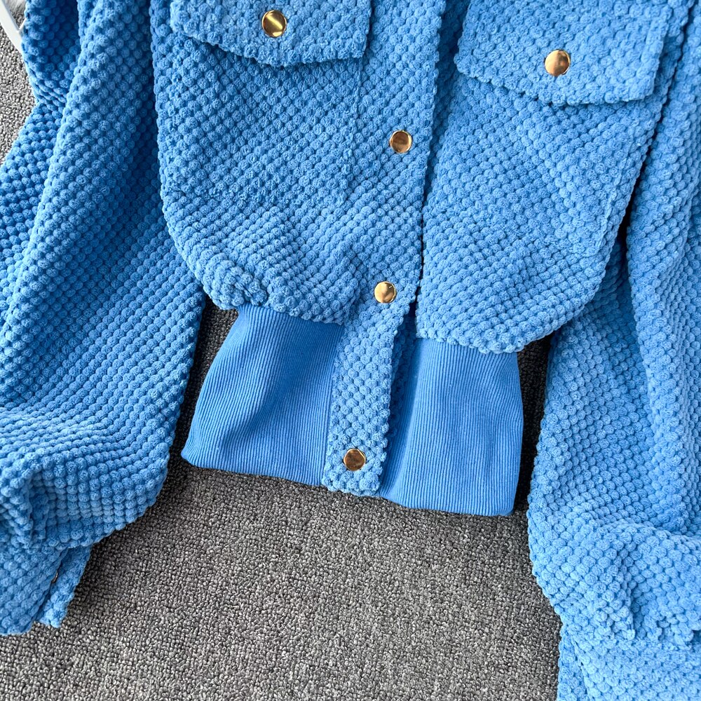 Soild Turn-down Collar Puff Sleeve Single Breasted with Pocket Ladies Jacket