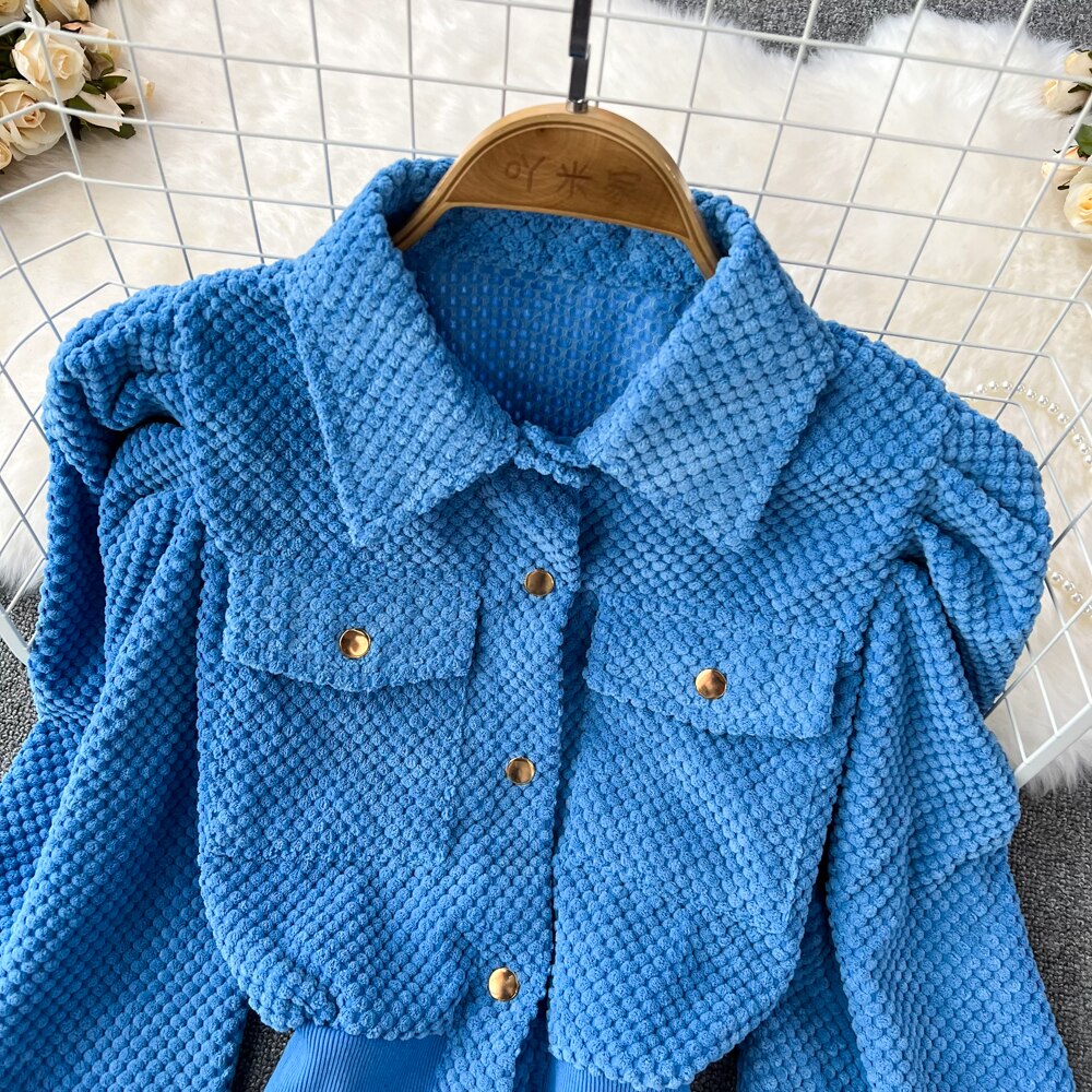 Soild Turn-down Collar Puff Sleeve Single Breasted with Pocket Ladies Jacket
