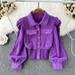 Soild Turn-down Collar Puff Sleeve Single Breasted with Pocket Ladies Jacket