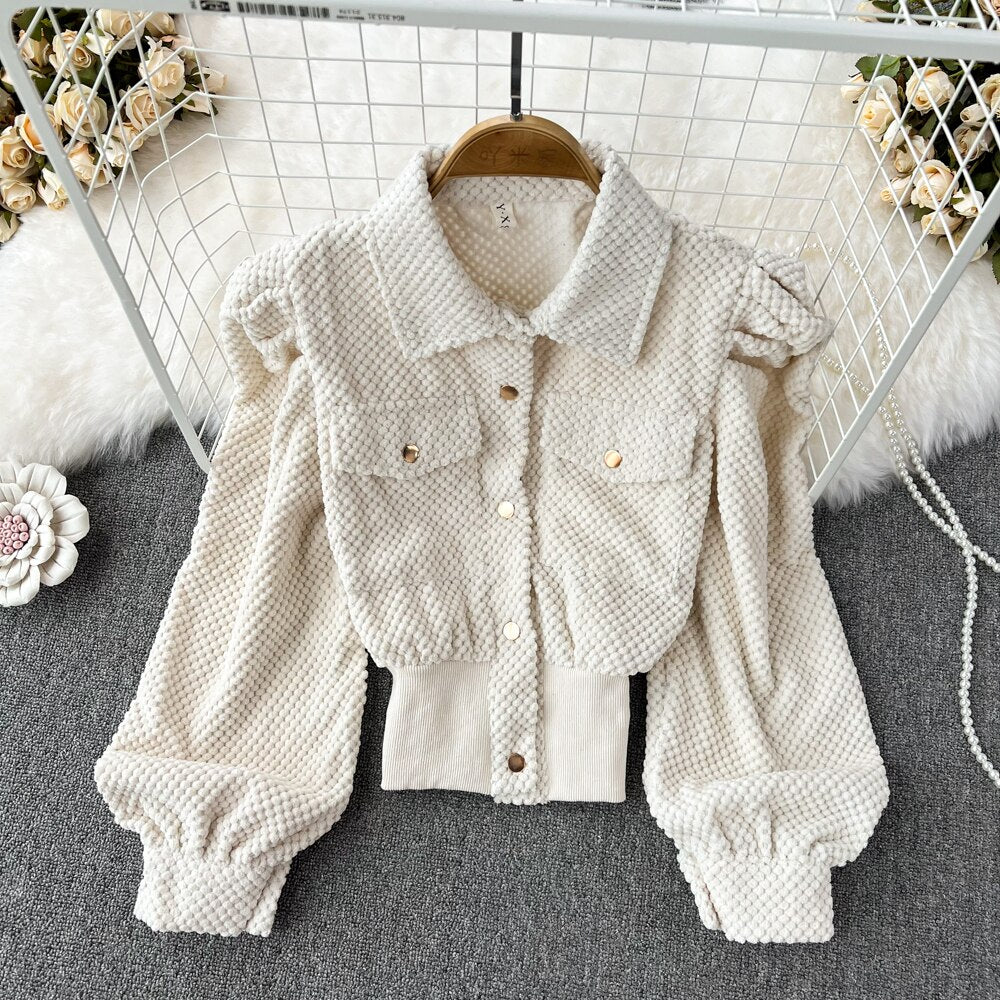 Soild Turn-down Collar Puff Sleeve Single Breasted with Pocket Ladies Jacket