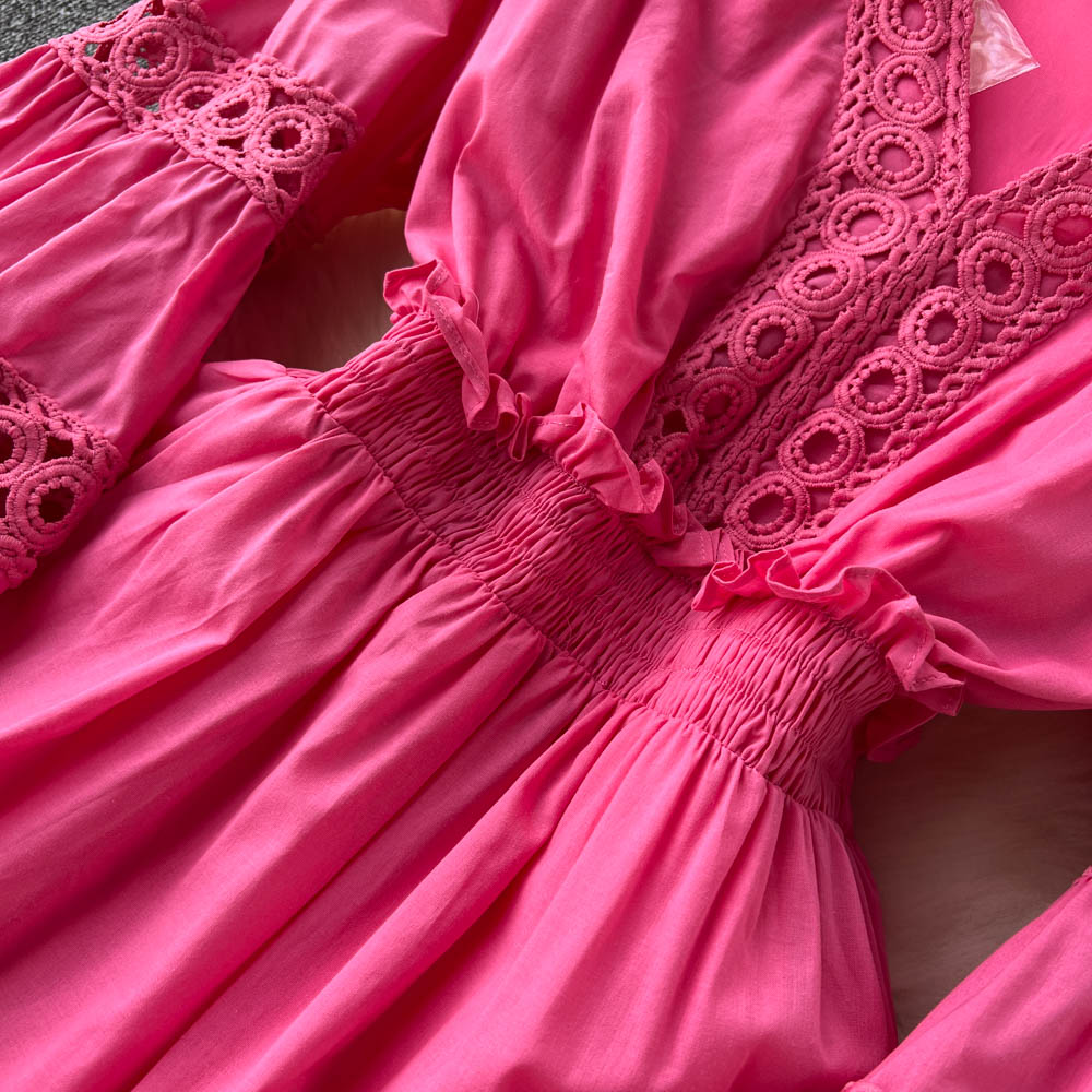 Vintage Elegant V-neck Hollow Out Soild Floral Women Dress