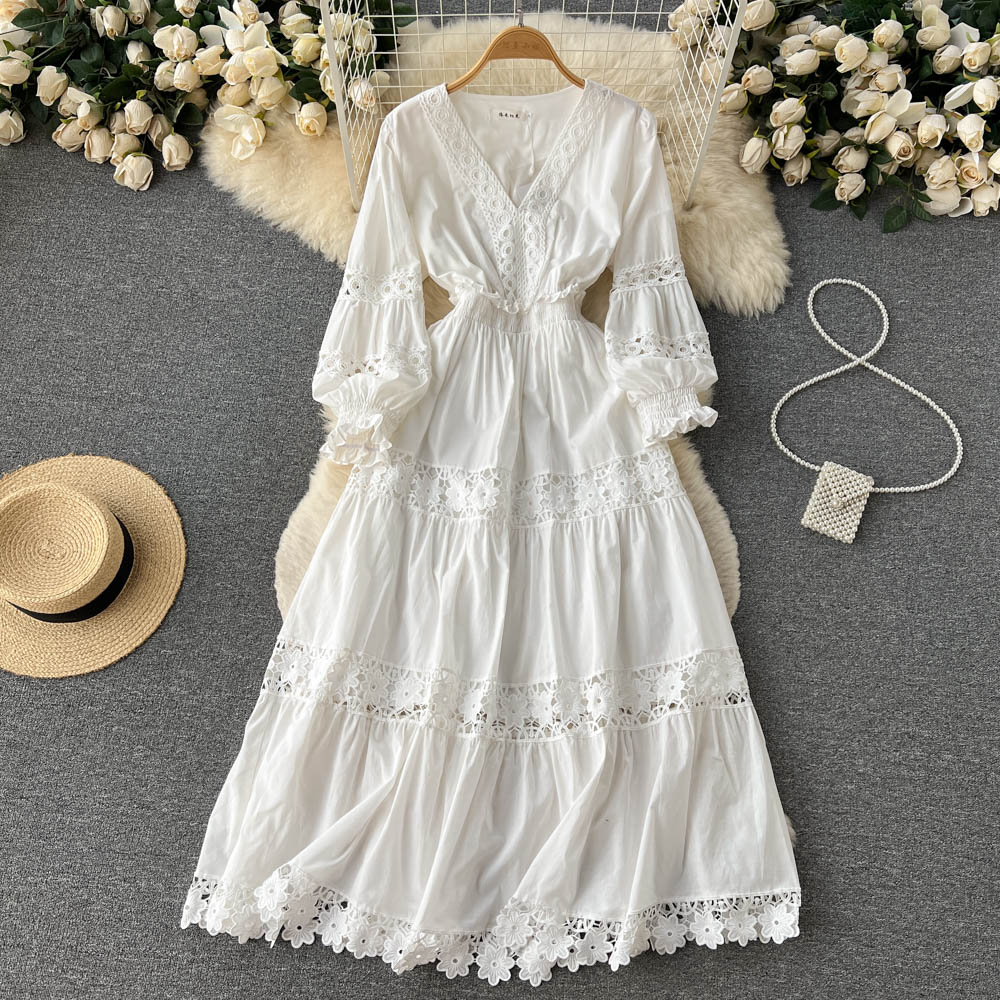 Vintage Elegant V-neck Hollow Out Soild Floral Women Dress