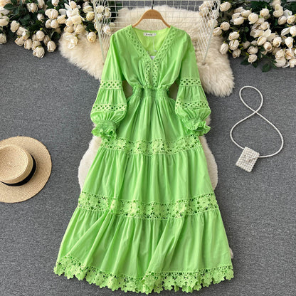 Vintage Elegant V-neck Hollow Out Soild Floral Women Dress