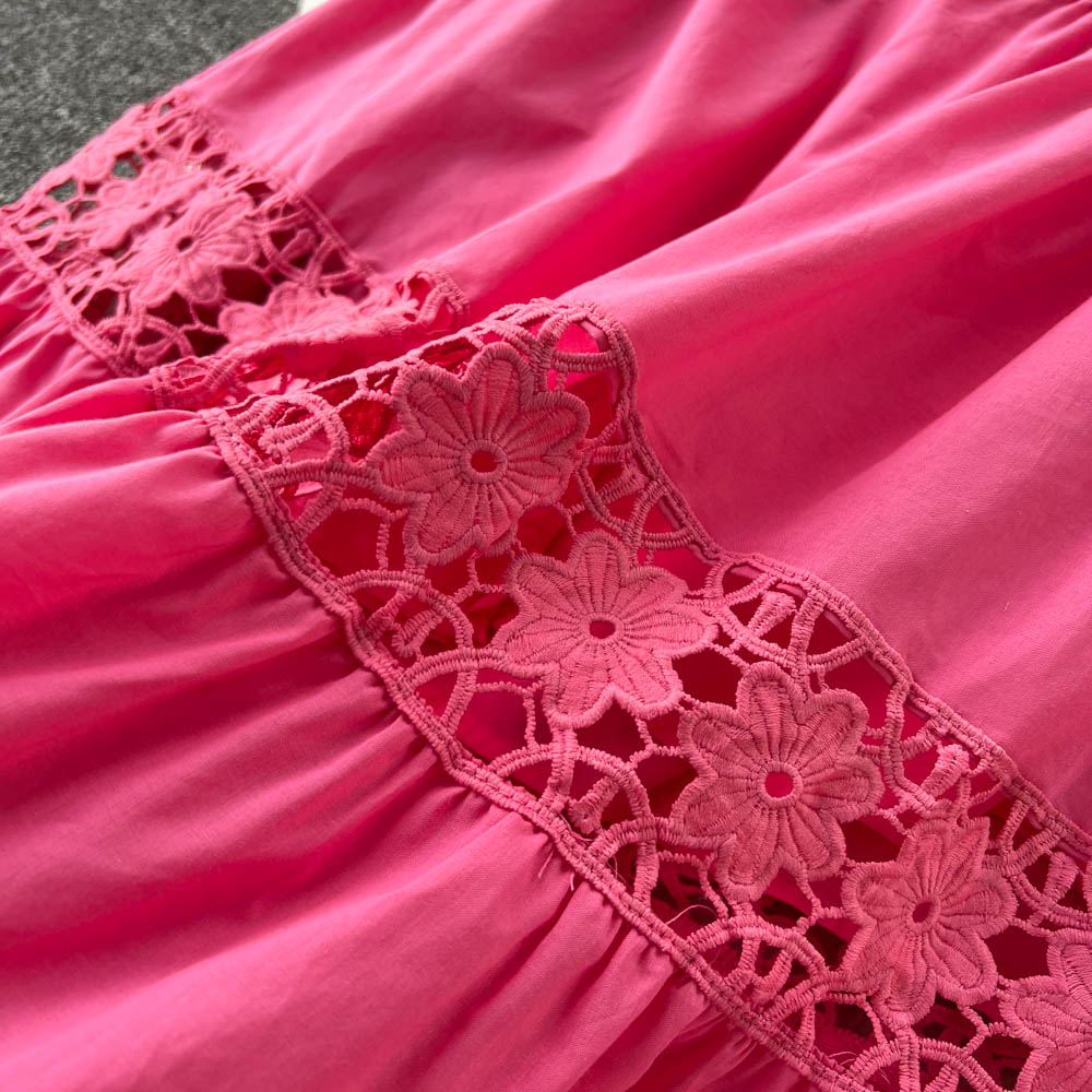 Vintage Elegant V-neck Hollow Out Soild Floral Women Dress