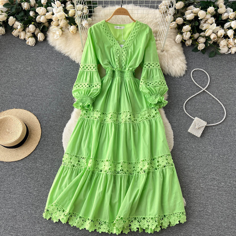 Vintage Elegant V-neck Hollow Out Soild Floral Women Dress