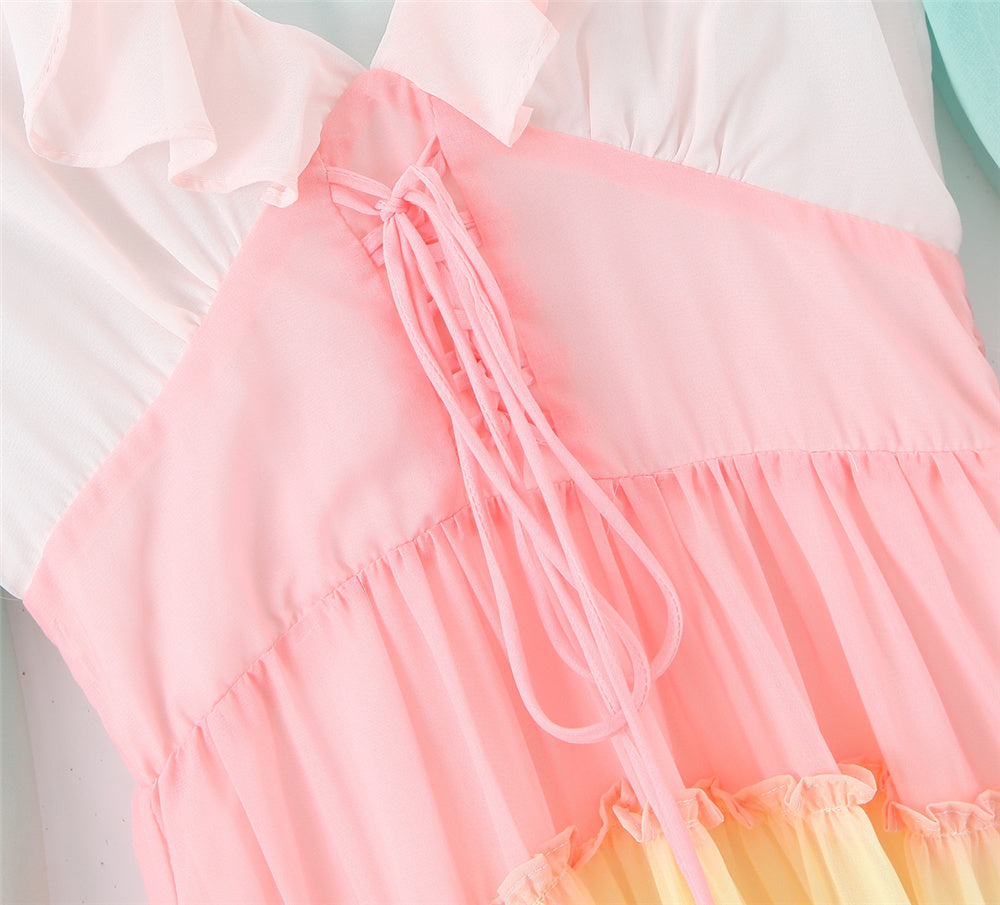 Long Sleeve V-neck Colorful Ruffled A-line Mini Dress