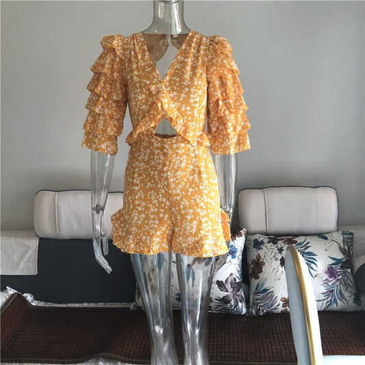 V-neck Backless Yellow Jumpsuit
